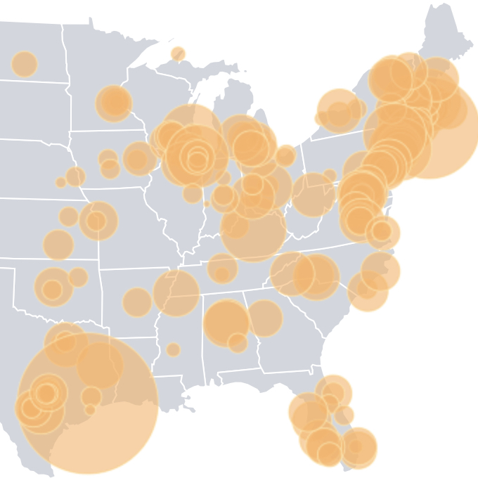 A map of the Eastern United States where small-dollar donors are active